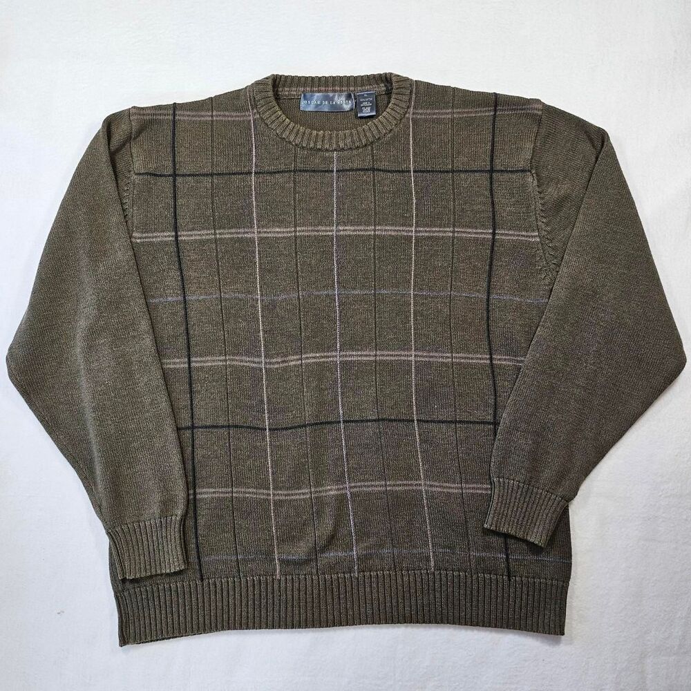 Vintage‎ Oscar de la Renta Windowpane plaid 100% cotton Grandpa Sweater Size XL